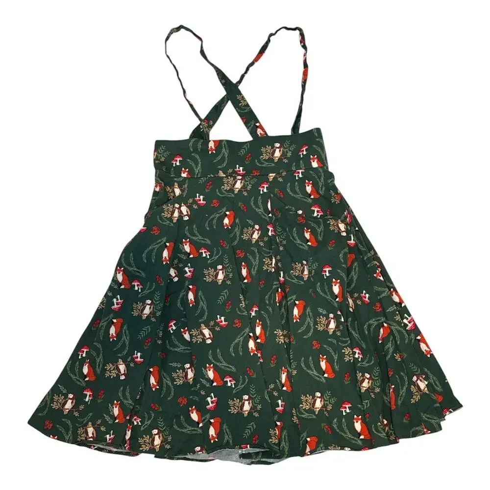 Collectif Vintage Fox Mushroom Overall Dress Sz Large Green Forest Fairy Jumper - Picture 2 of 7